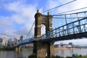 The Roebling Bridge spans the Ohio River in Cincinnati.