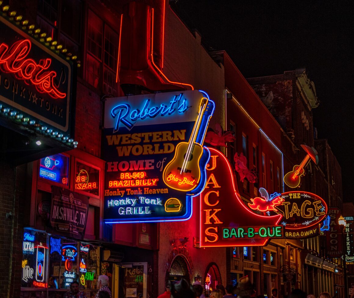 Popular live music venues along Lower Broadway in Nashville, TN.