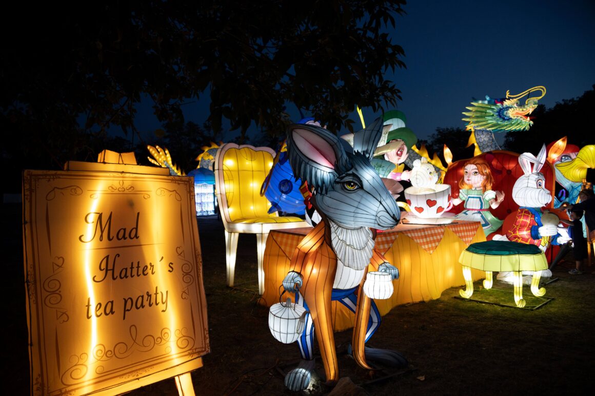 The Wild Lights event at Sedgwick County Zoo in Wichita, Kansas feature an Alice in Wonderland theme.